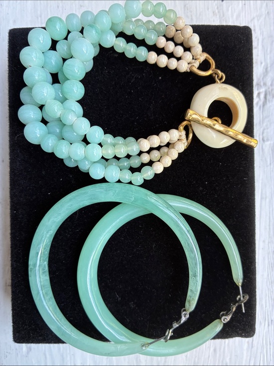 Jewelry - Beaded Multi-Strand Pale Turquoise Bracelet with Turquoise Hoop Earrings